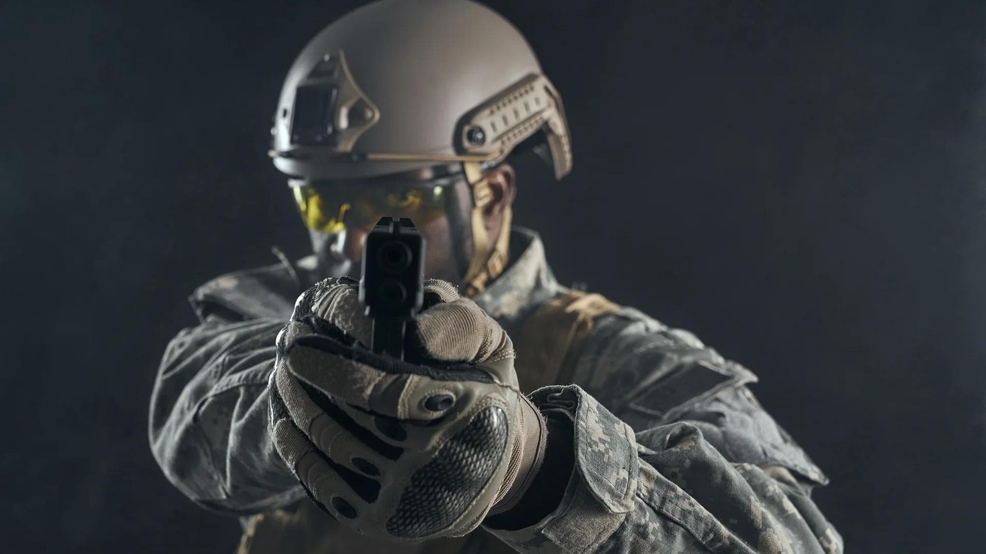American soldier shooting at camera